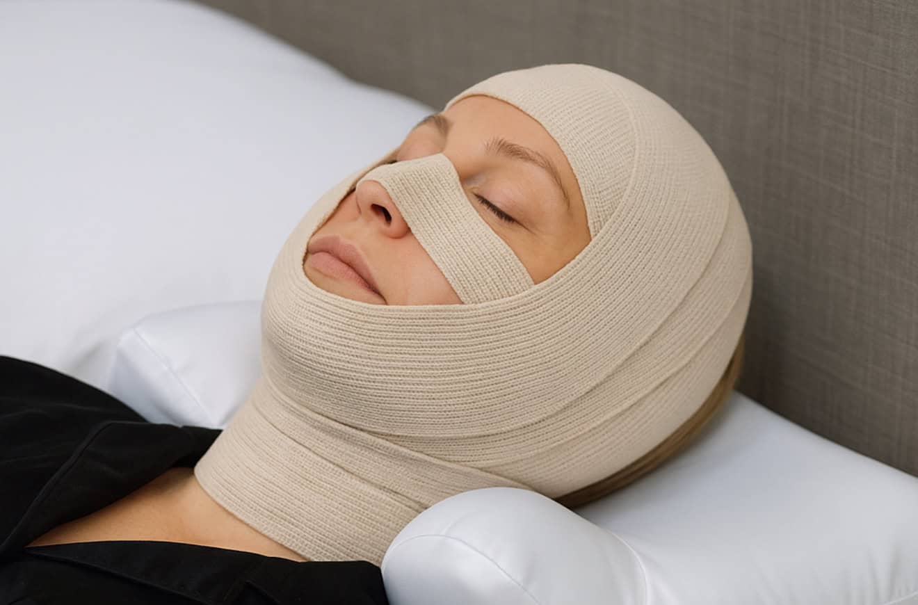 full face bandage recovery pillow helping sleep after surgery